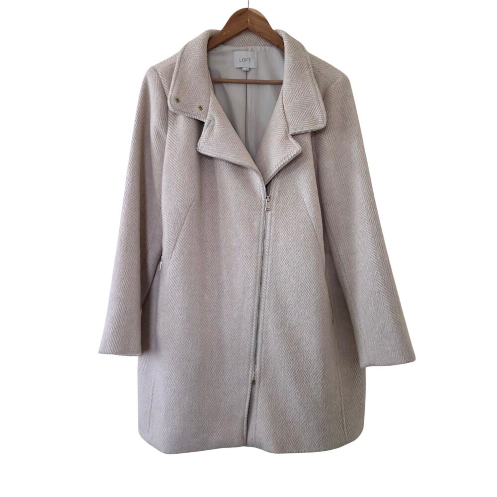 LOFT Herringbone Wool Blend Moto Coat Ivory Cream Womens Size XL